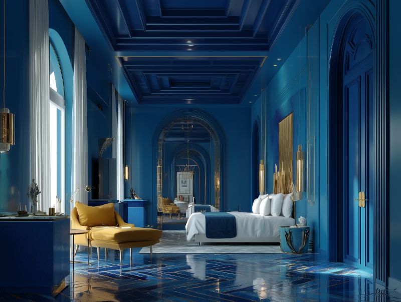 Traditional Moroccan riad suite with ornate plaster and mosaic tiles
